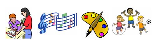 clipart of reading, music, art, and PE 